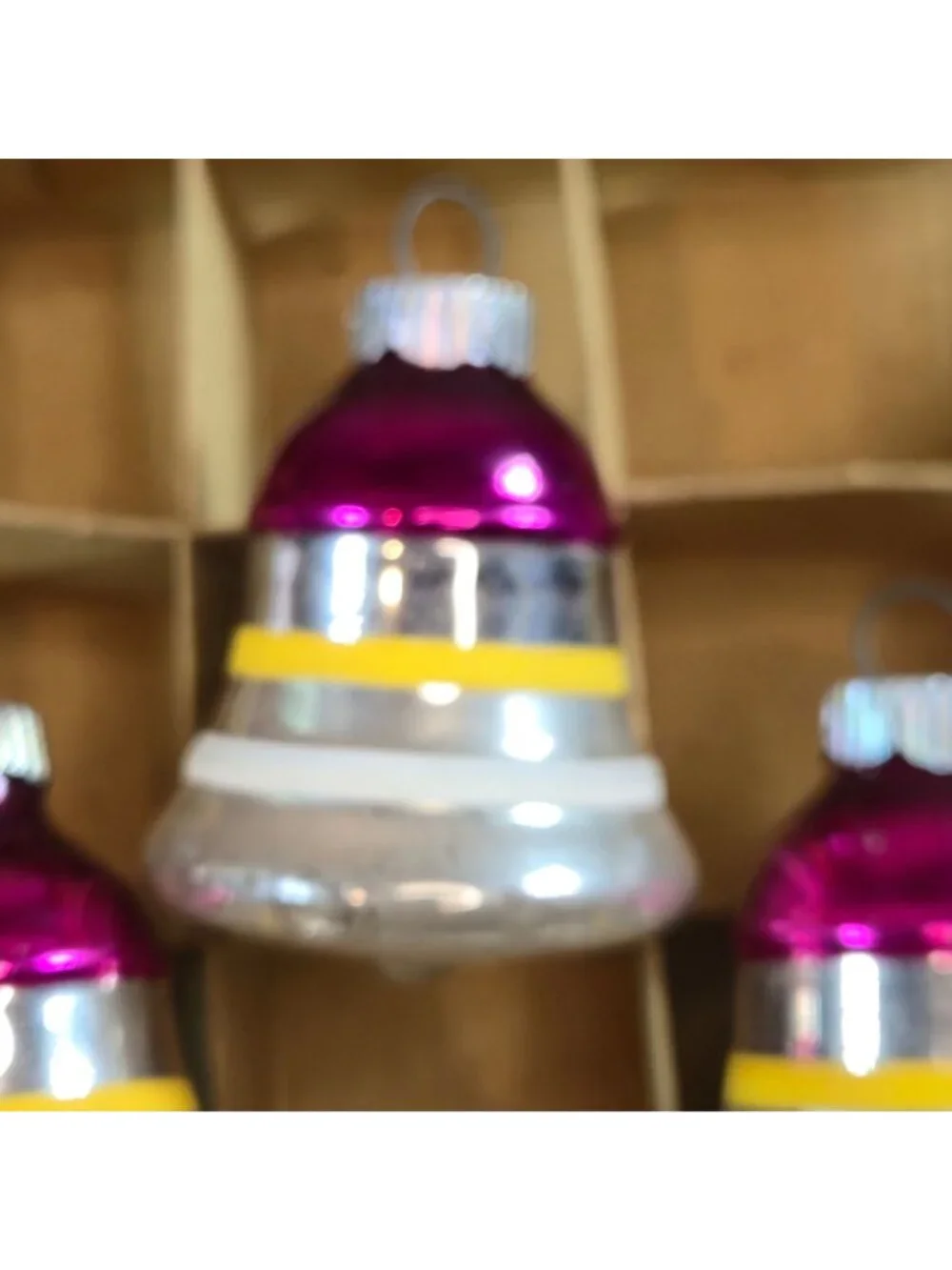 Vintage Shiny Brites Bell Ornaments lot of 3 Mercury Glass pink yellow silver